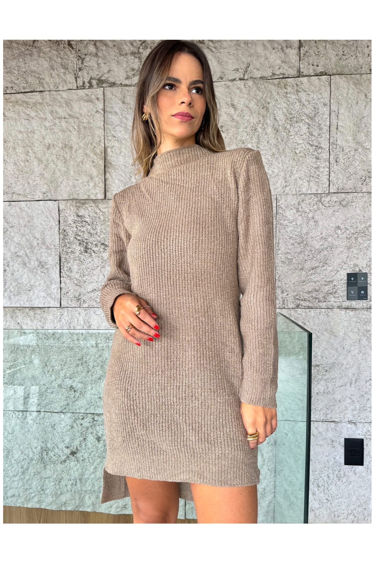 Vestido Yasmin De Tricot Manga Comprida - Marrom 
