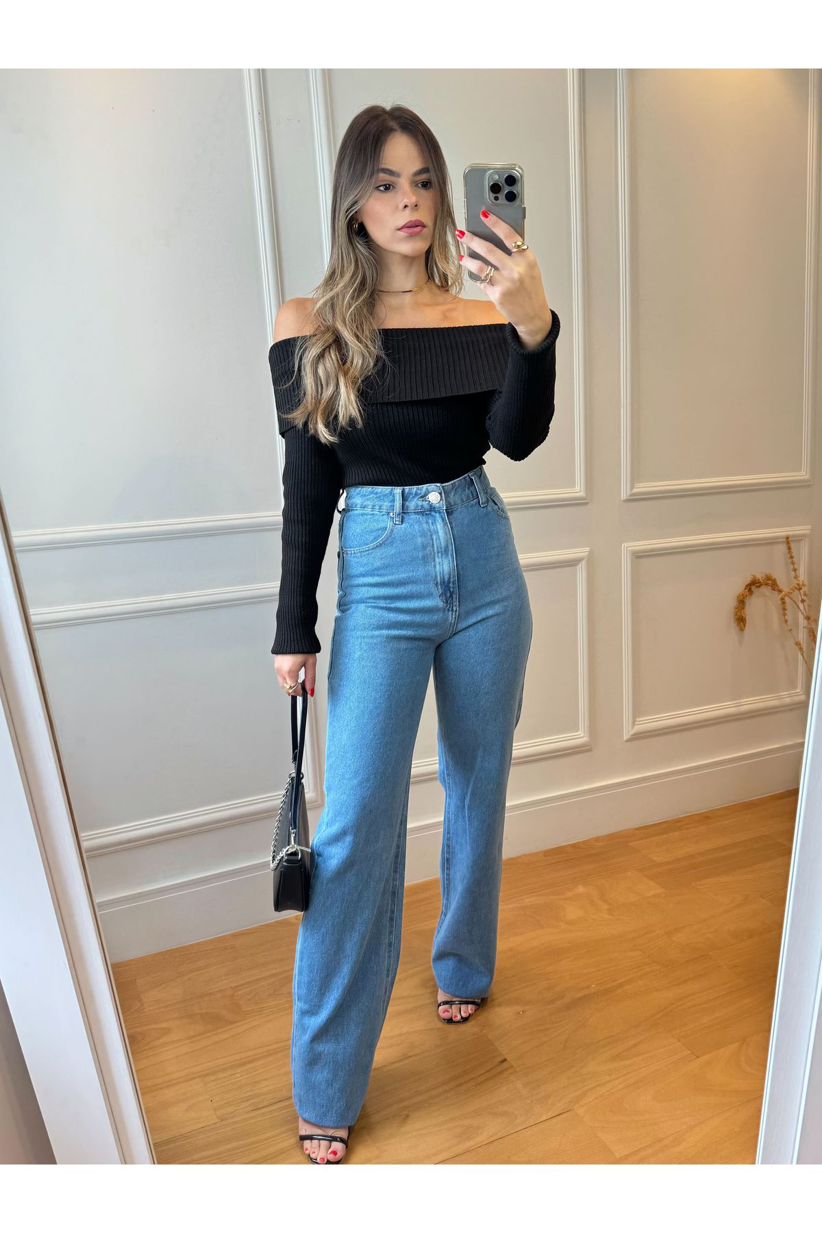 Calça Vih Wide Leg cintura super alta - Jeans médio 