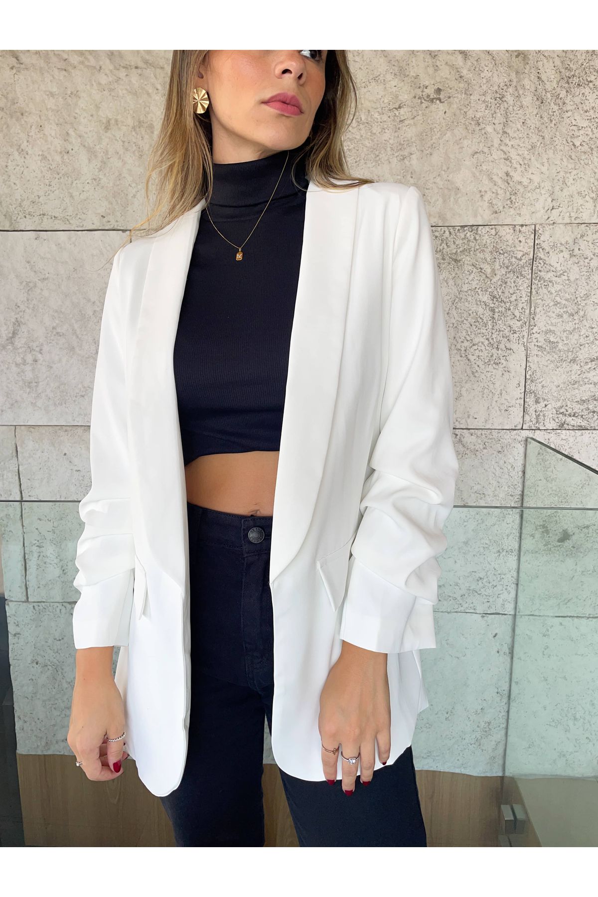 Blazer Giulia Alongado Com Manga 7/8 drapeada - Branco