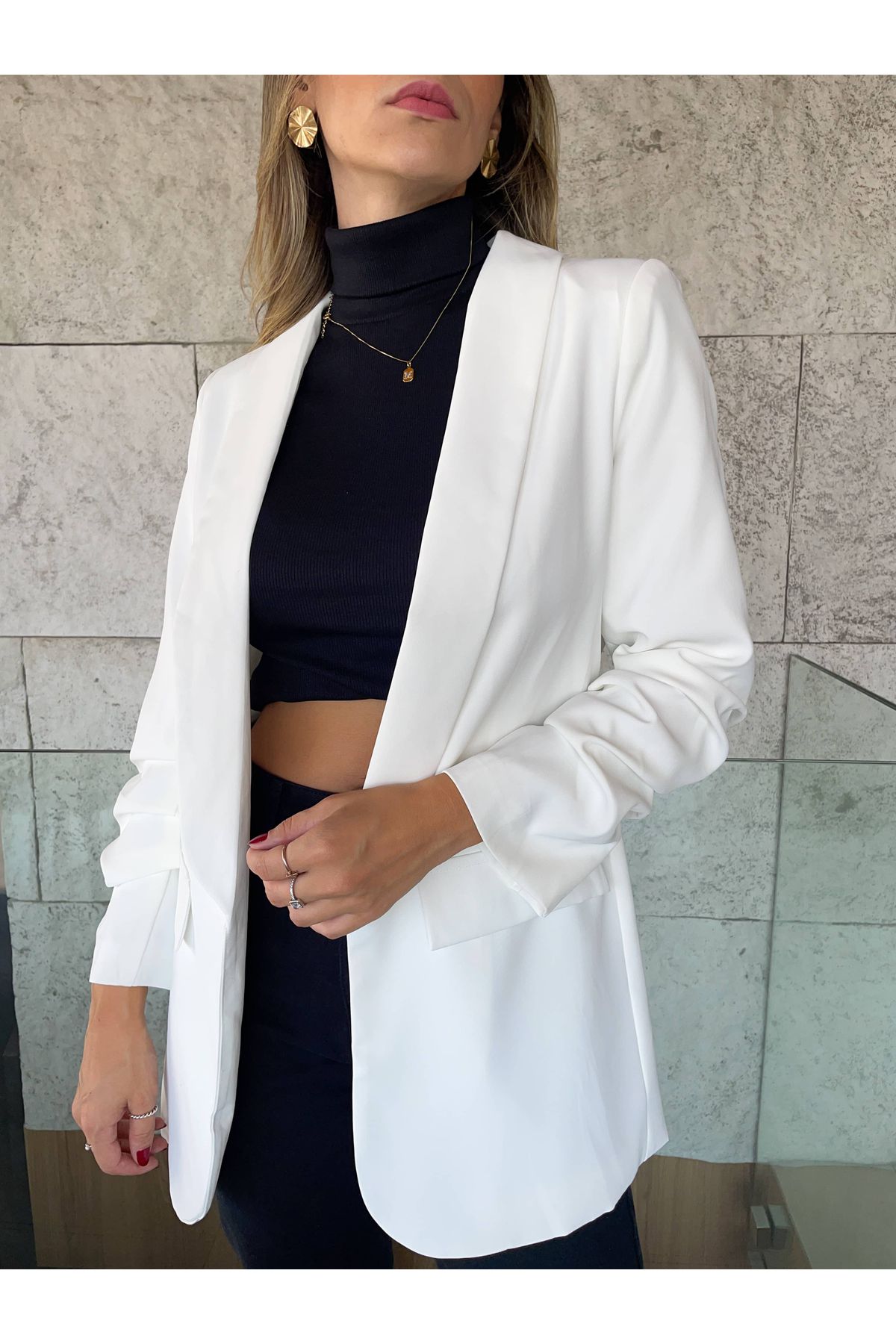 Blazer Giulia Alongado Com Manga 7/8 drapeada - Branco