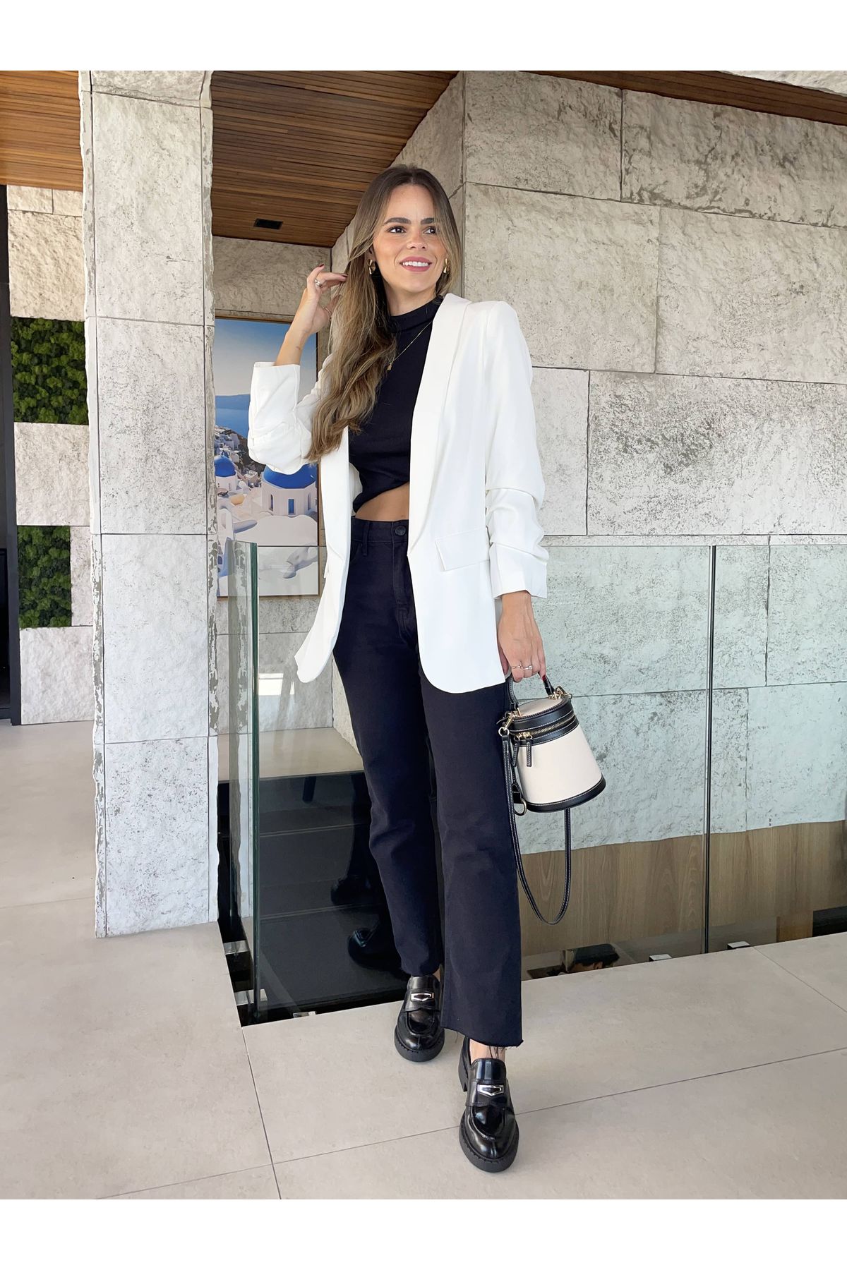 Blazer Giulia Alongado Com Manga 7/8 drapeada - Branco