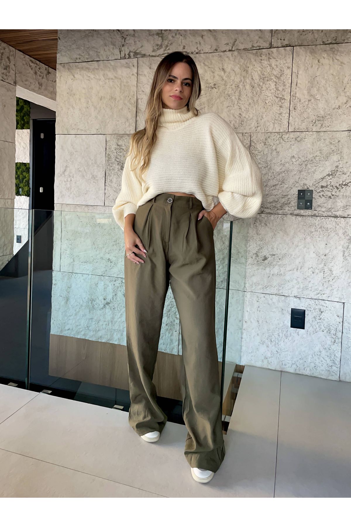 Calca Ava Alfaiataria Wide Leg - Verde Militar