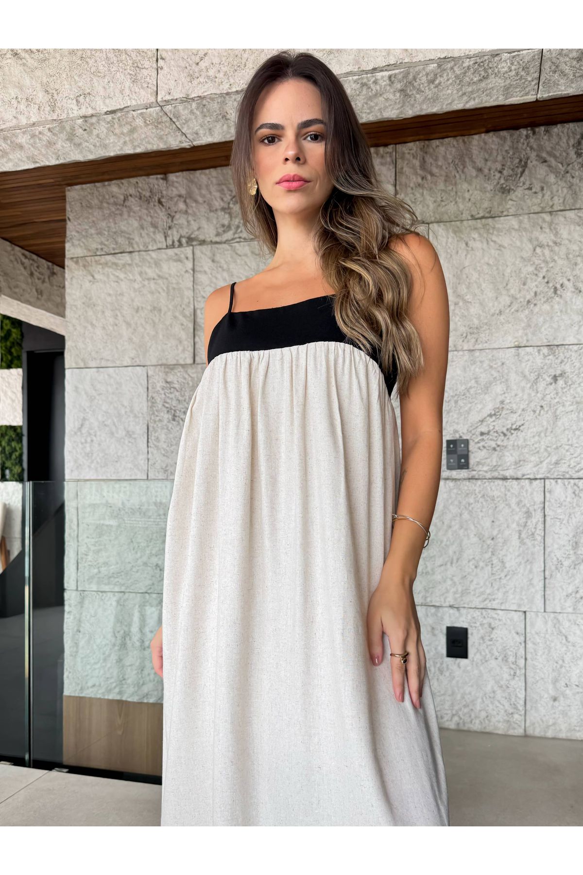 Vestido Alice bicolor - cru/preto