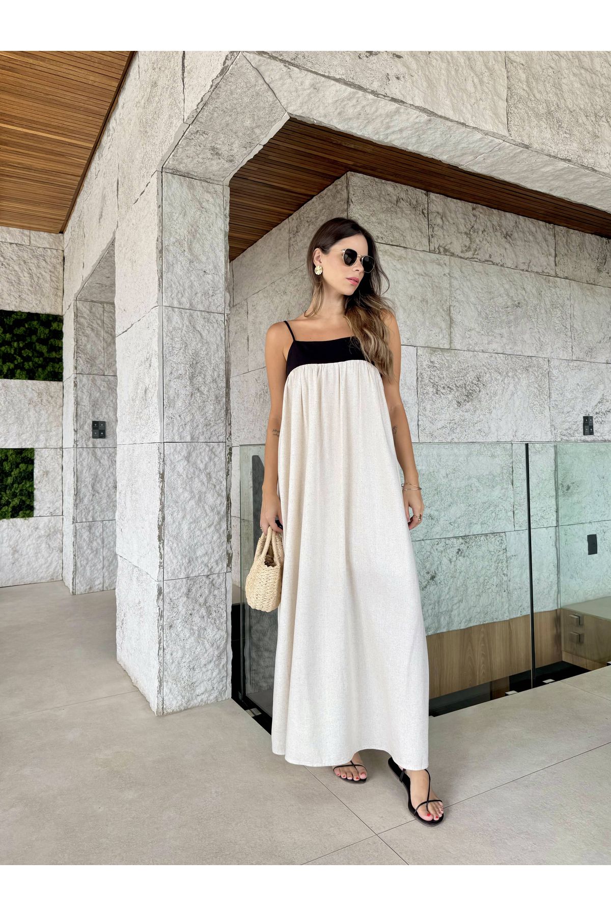 Vestido Alice bicolor - cru/preto