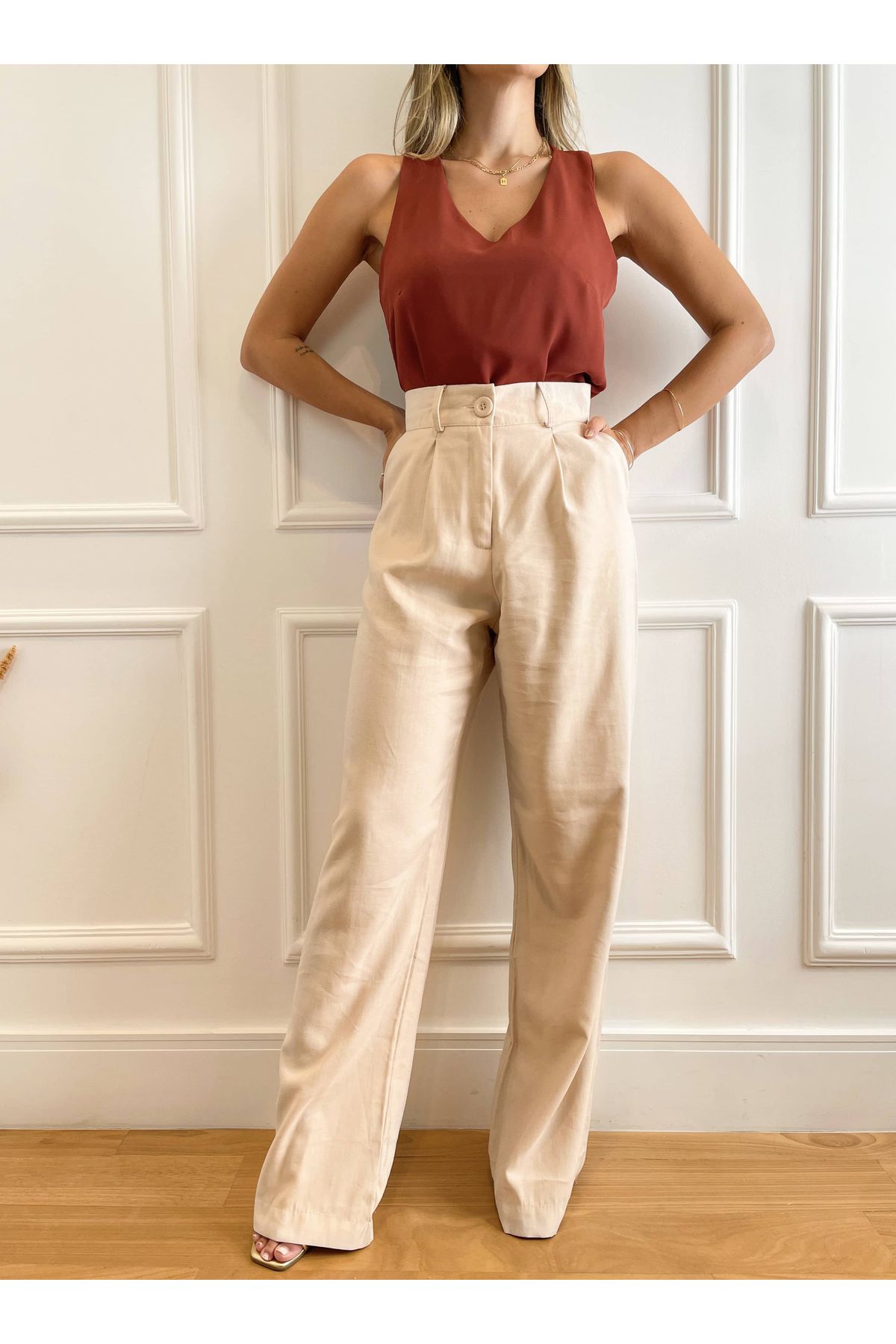 Calca Ava Alfaiataria Wide Leg bege