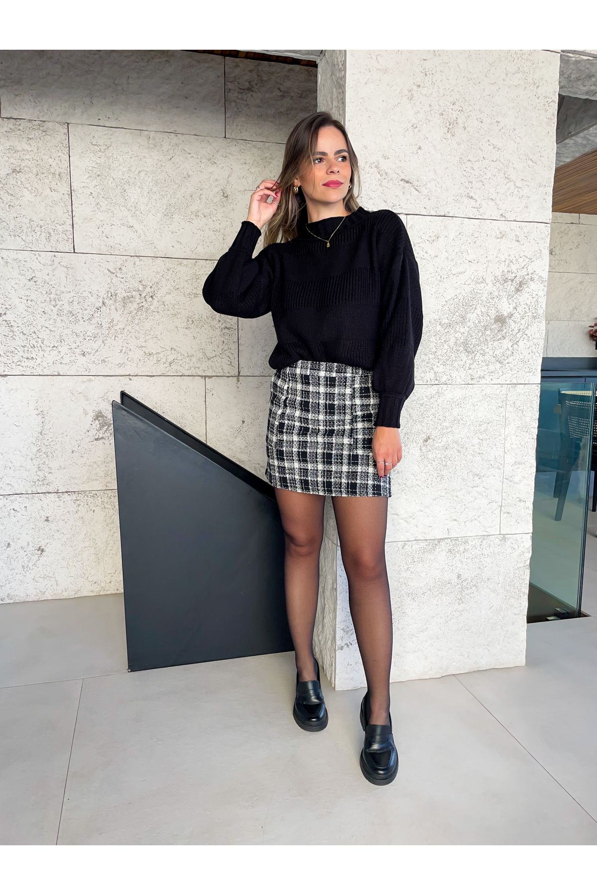 Saia Tweed Pamela - Preta xadrez 