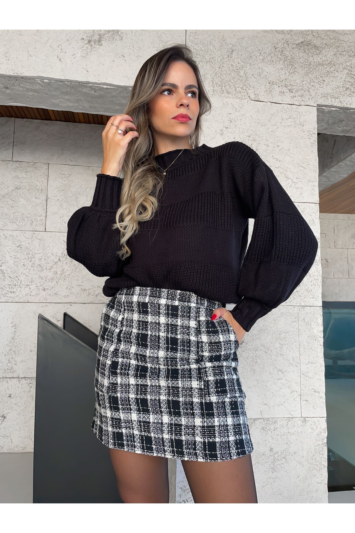 Saia Tweed Pamela - Preta xadrez 