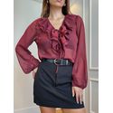 Blusa Clarisse manga longa com babado e amarração transparência - Bordô