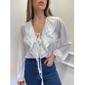 Blusa Clarisse manga longa com bab e amarração transparência - Branca 