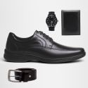 SAPATO MASCULINO CONFORT COURO LEGÍTIMO + RELÓGIO + CARTEIRA + Cinto - PRETO