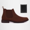 Botina Chelsea Masculina Couro Legítimo Nobuck + Carteira - Café