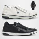 2 Tenis Masculino Casual Ajuste Elástico Leve e Confort + Relógio Digital - Gelo + Preto