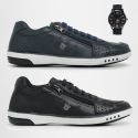 2 Tenis Masculino Casual Ajuste Elástico Leve e Confort + Relógio Digital - Azul + Preto