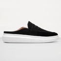 Mule Masculino Sola Alta Loafer Derby em Camurça - Preto/Branco