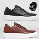 2 Tenis Masculino Casual Sola Reta Leve e Confort + Relógio Digital - Preto/Branco + Pinhão