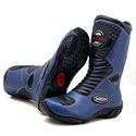 Bota motociclista cano médio couro legítimo semi-impermeável com ajuste em velcro na panturrilha nas cores azul/preto 420