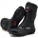 Bota motociclista cano médio couro legítimo semi-impermeável com ajuste em velcro na panturrilha na cor preta 420