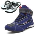 Kit chinelo e Tênis para motociclista com refletivo de cano alto de couro azul 310