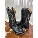 BOTA TEXANA EM COURO PRETO ESTILIZADO JACARÉ BORDADA SOLA RÚSTICA
