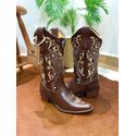 BOTA TEXANA EM COURO BORDADO TRIBAL BEGE BICO FINO PVC