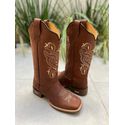 BOTA TEXANA EM COURO MARROM BORDADO BEGE