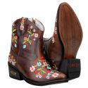 Bota Feminina Cano Curto Com Bordados Floral Em Couro