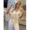 Blusa Lez a Lez Estampada Com Mangas Amplas E Decote V Bege 1510
