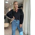 Blusa De Mangas Longas Bufantes Com Bordados E Amarração Preto 0505