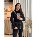 Blusa Lez a Lez Canelada De Mangas Longas Com Recorte Preto 1705