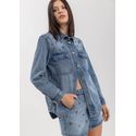 Camisa Jeans Overshirt Com Bolsos E Apliques De Brilhos