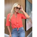 Camisa V Com Bolso Em Linho 100% Italiano Coral 