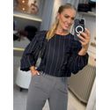 Blusa De Mangas Amplas Em Viscose Com Babados Azul Marinho