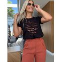 Blusa T-shirt De Mangas Curtas Com Estampa E Paetês Preto