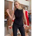 Blusa Lez a Lez Transpassada Canelada Com Enfeite Lateral Metalizado Preto 0310