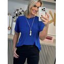 Blusa Morena Rosa Decote Redondo Manga Curta Com Colar Azul