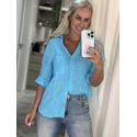 Camisa V Com Bolso Em Linho 100% Italiano Azul