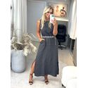 Vestido Midi Em Linho 100% Italiano Chumbo