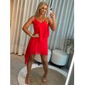 Vestido Morena Rosa Curto Decote V Com Babado Vermelho