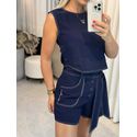 Blusa Morena Rosa Decote Redondo Sem Manga Com Botão Azul Marinho