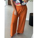 Calça Reta Em Viscose Com Cadarço E Bolsos Marrom União 