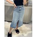 Saia Jeans Midi Com Fenda E Detalhe Cós
