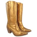 Bota Feminina Western Cano Longo Napa Metalizada Ouro Velho