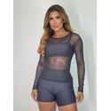 Blusa Comprida Tule Manga Longa Preta