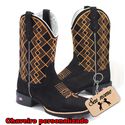 Bota Texana Cano Preto Bordado Geométrico + Chaveiro Personalizado