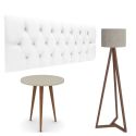 Conjunto Cabeceira Painel Estofada Capitonê 140 cm Corino Branco Paris e Mesa Lateral Patrimar Legs Alta Off White com Luminária de chão Tebarrot Classic Amêndoa