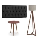 Conjunto Cabeceira Estofada Capitonê 140cm Corino Preta Paris e Mesa de Apoio Legs Terracota com Luminaria de chão Tebarrot Classic Amêndoa