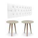 Conjunto Cabeceira Painel Estofada Capitonê 160cm Queen Corino Branco Paris e Mesa Lateral Patrimar Legs Alta Off White