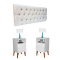 Conjunto Cabeceira Painel Paris 1,40 Suede Capitonê Areia e 02 Mesas de Cabeceira Pérola Branca