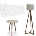 Conjunto Cabeceira Estofada Capitonê 160cm Queen Corino Branco Paris e Mesa de Apoio Legs Off White com Luminaria Tebarrot Classic Amendoa