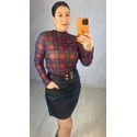 BLUSA FEMININA EM TULE MANGA LONGA XADREZ AZUL